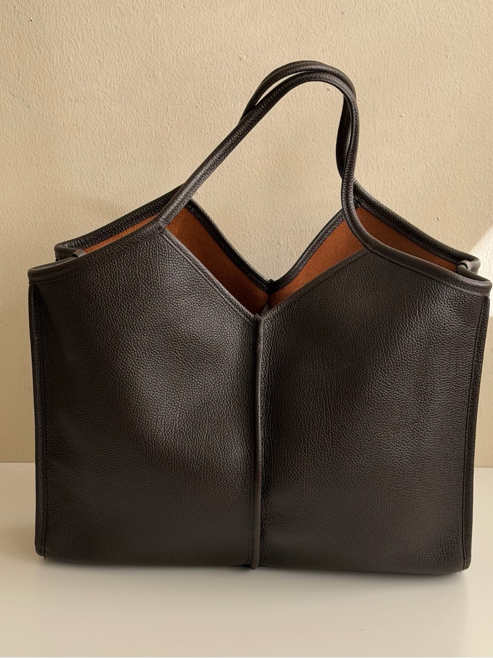 HEREU dark cocoa brown Leather Tote Bag with Brown Interior